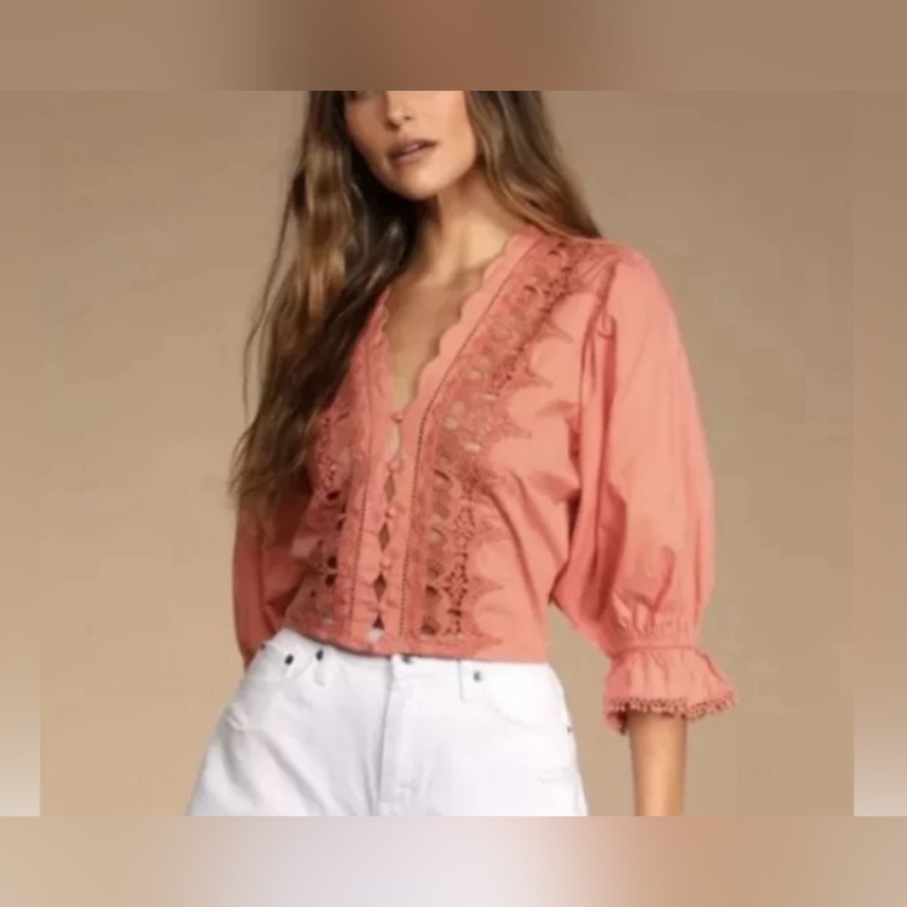 Free People Coral Pink Lace Trim Button Down Top
